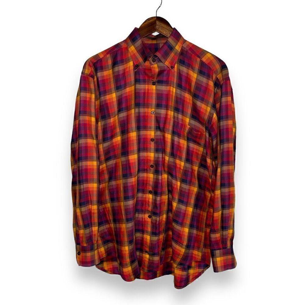 Robert Talbott Red & Orange Check Button Down Shirt Size M